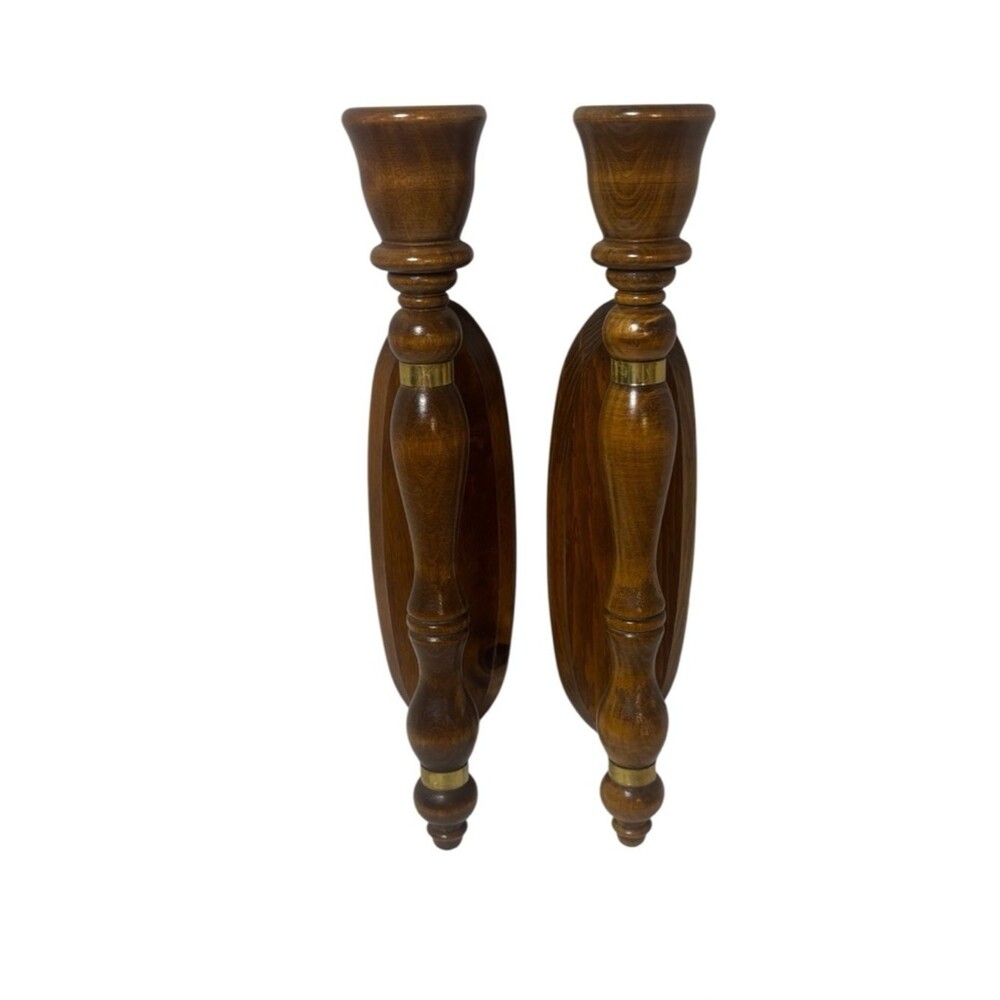 VTG Homco Turned Wood Wall Candle Sconces Gold Metal Trim